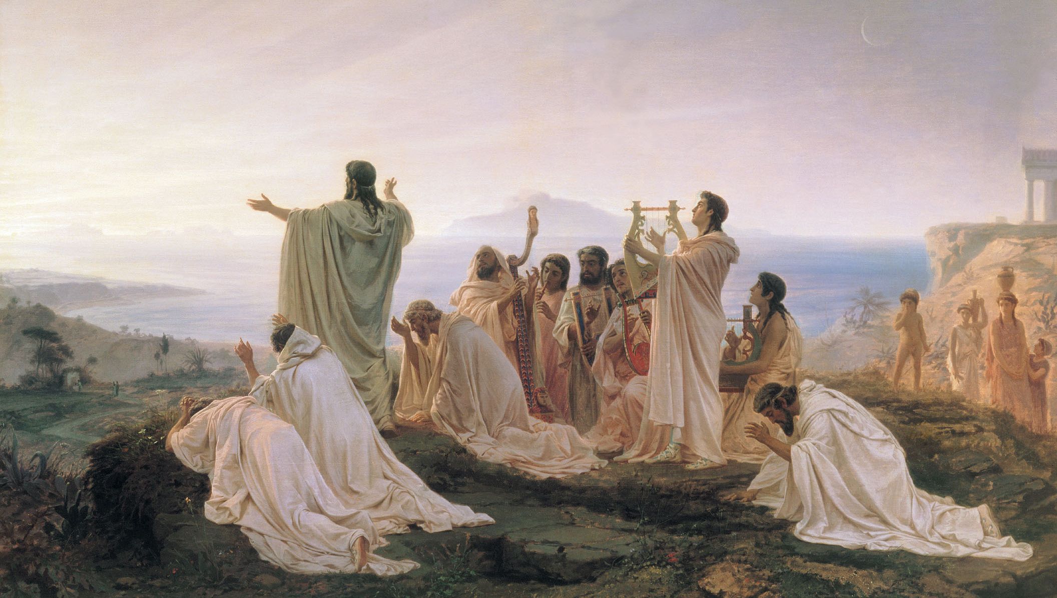 Painting of Greeks celebrating the sunrise